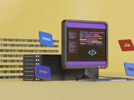 a computer screen with a keyboard and a box with a logo